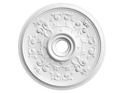 White Decorative Ceiling Medallion Featuring Intricate Floral Patterns and Central Circular Hole 3d model