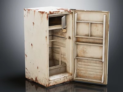 Old Rusted Refrigerator With Open Door And Visible Interior Shelves 3d model