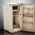 Old Rusted Refrigerator With Open Door And Visible Interior Shelves