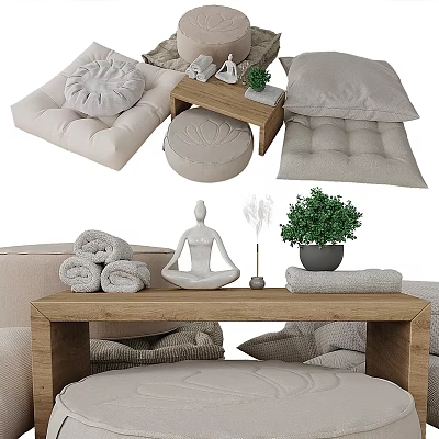 Soft Sofa Bench Setup with Pillows Rolled Towels Plant and Yoga Figurine 3d model