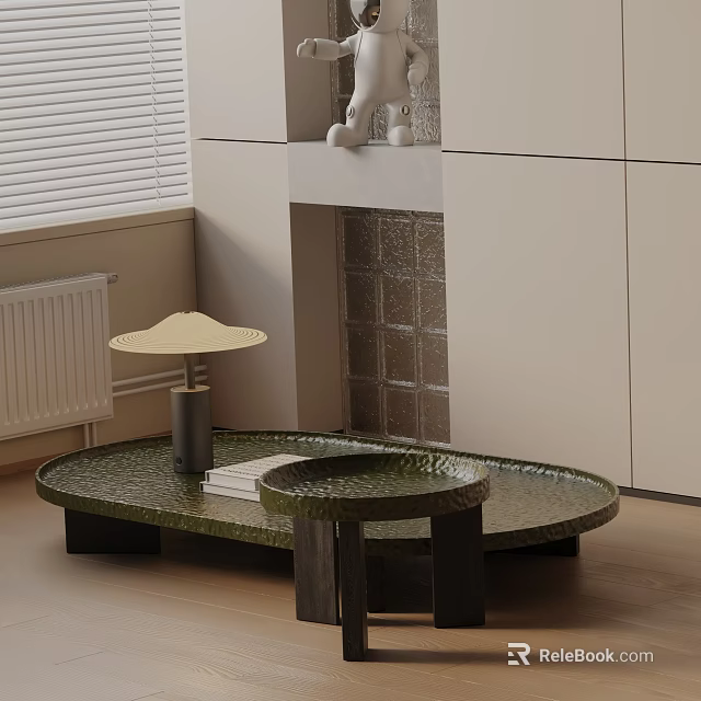 Modern Green Oval Sofa And Coffee Table Set With Textured Surface And Small Stool 3d model