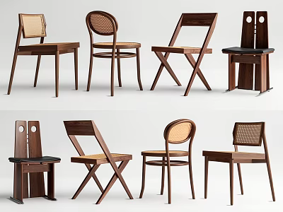Various Designed Wooden Dining Chairs With Round Backrests Cross Legs And Wicker Details 3d model