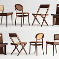 Various Designed Wooden Dining Chairs With Round Backrests Cross Legs And Wicker Details