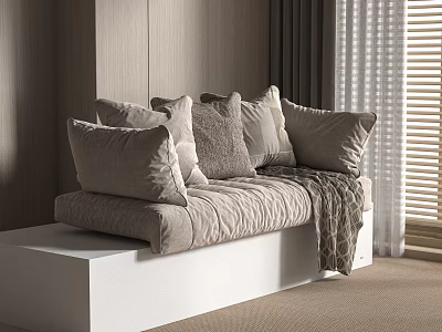 Neutral Toned Textured Throw Pillows On White Bench With Soft Blanket 3d model