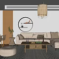 Modern Living Dining Room With White Sofa Wooden Coffee Table Round Shelf And Green Plant