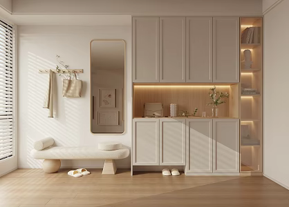 Modern Shoe Cabinet Shoe Changing Stool Full-length Mirror Clothes Hanging Rod 3d model