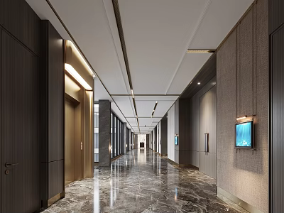 Modern Hotel Corridor with Elevator Doors Marble Floor Wall TV Gray Walls And Recessed Lighting 3d model