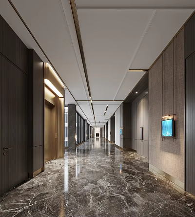 Modern Hotel Corridor with Elevator Doors Marble Floor Wall TV Gray Walls And Recessed Lighting 3d model