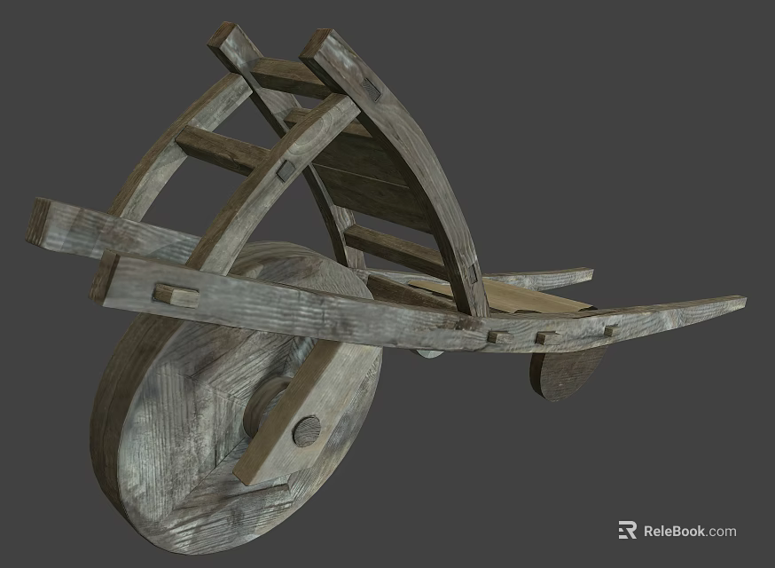 Vintage Wooden Wheelbarrow With Old Fashioned Wooden Structure And Large Wheel 3d model 
