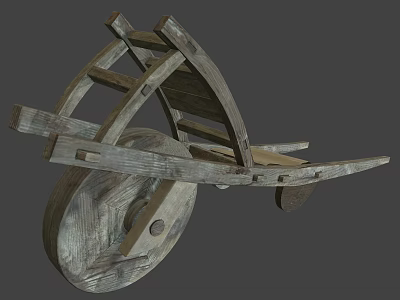 Vintage Wooden Wheelbarrow With Old Fashioned Wooden Structure And Large Wheel 3d model