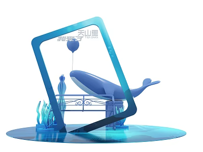 Check in Photo Spot with Blue Frame Whale Balloon Seaweed and Railing 3d model