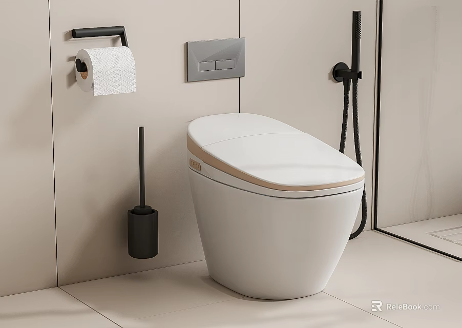 Modern Smart White Toilet In Clean Bathroom With Toilet Paper Holder And Brush 3d model 