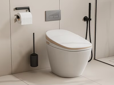 Modern Smart White Toilet In Clean Bathroom With Toilet Paper Holder And Brush 3d model