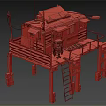 Cartoon Stilt House Scene With Green Exterior Wooden Stilts And Yellow Character Standing On Balcony