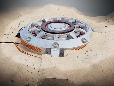 Metallic Circular Space Mission Instrument on Sandy Planetary Surface with Orange Cable 3d model