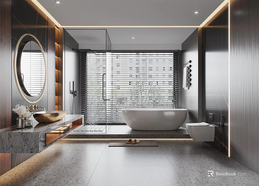Modern Bathroom Interior With Round Mirror Marble Countertop Freestanding Bathtub And Shower Blinds 3d model 