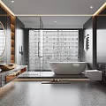 Modern Bathroom Interior With Round Mirror Marble Countertop Freestanding Bathtub And Shower Blinds