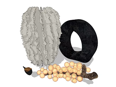 Decorative Ornament Set With White Ruffled Black Circular Light Colored Beads And Brown Branch 3d model