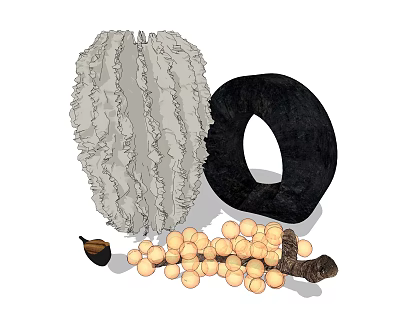 Decorative Ornament Set With White Ruffled Black Circular Light Colored Beads And Brown Branch 3d model