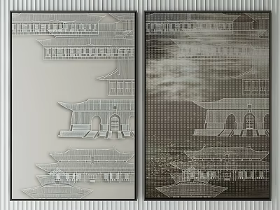 Traditional Chinese Architectural Wall Art With Layered Pagoda And Monochrome Design 3d model