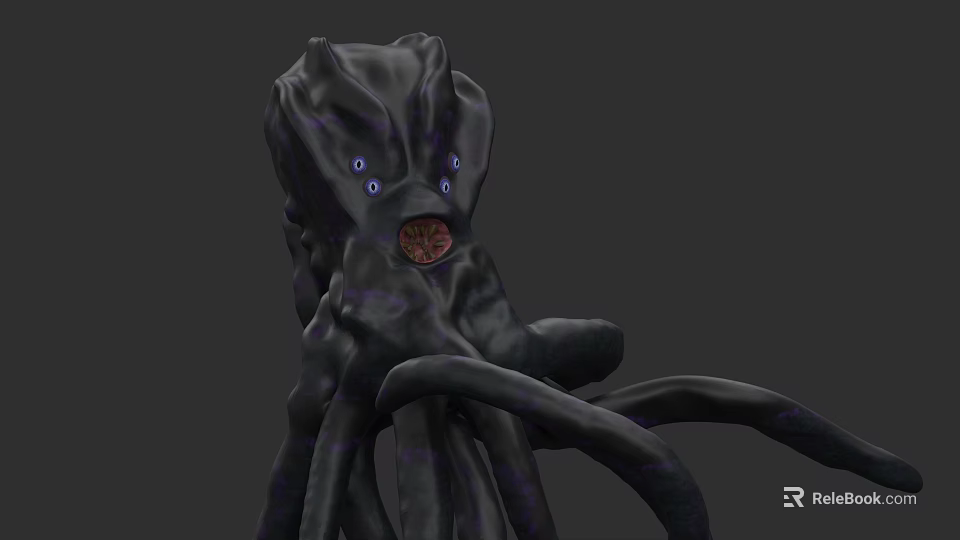 Black Tentacled Aquatic Animal with Blue Eyes and Red Circular Center in Dark Background 3d model 