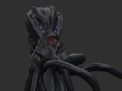 Black Tentacled Aquatic Animal with Blue Eyes and Red Circular Center in Dark Background 3d model