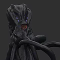 Black Tentacled Aquatic Animal with Blue Eyes and Red Circular Center in Dark Background