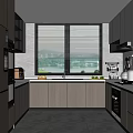 Modern Kitchen Interior Design With Gray Cabinets Stone Countertop Stainless Steel Refrigerator And Window Blinds