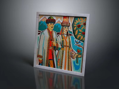 Traditional Attire Figures Decorative Wall Art Furniture With Mountain Tree Flower Square Frame 3d model