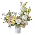 White Vase Floral Arrangement With Pink Yellow White Flowers And Green Leaves