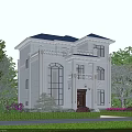 Two Story Detached Villa With White Exterior Blue Roof Arched Windows Lawn And Purple Flowers