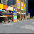 Vibrant Illuminated Commercial Street With Shops Pedestrians Colorful Pavement And Decorative Plaza