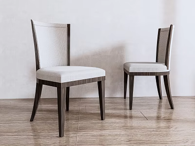 Modern Accent Chairs With Dark Wooden Frame And Light Fabric Seats On Wooden Floor 3d model