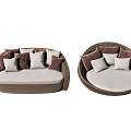 Outdoor Wicker Sofa with Round Rectangular Designs and Brown Beige Cushions 3d model