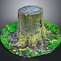 Tree Stump Surrounded By Green Moss Small Plants And Natural Ground Elements