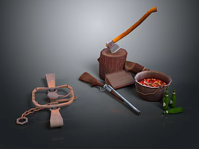 Vintage Rustic Scene With Axe On Wooden Stump Gun Bucket Shackle And Chilies 3d model