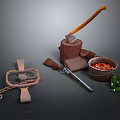Vintage Rustic Scene With Axe On Wooden Stump Gun Bucket Shackle And Chilies