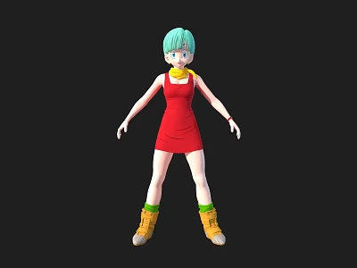 Cartoon Style Character With Turquoise Hair Yellow Scarf Red Dress Green Socks And Yellow Boots 3d model