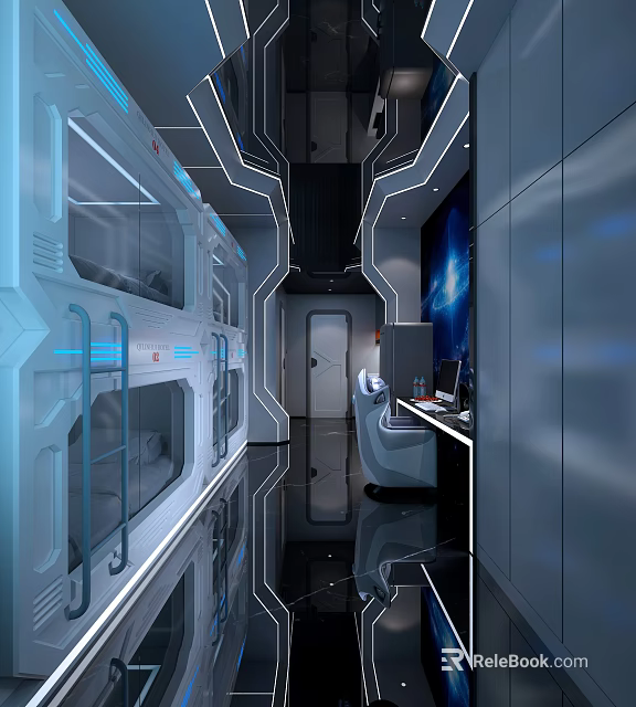 Futuristic Hotel Room Interior With Metallic Accents Blue Lighting And Workstation 3d model 