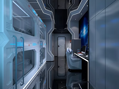 Futuristic Hotel Room Interior With Metallic Accents Blue Lighting And Workstation 3d model