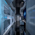 Futuristic Hotel Room Interior With Metallic Accents Blue Lighting And Workstation