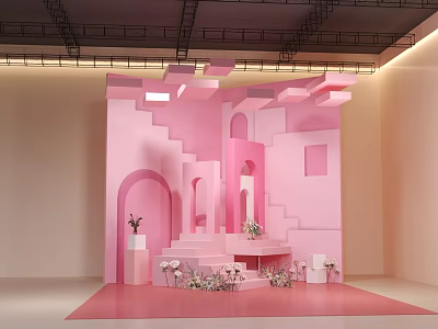 Pink Themed Live Stream Room With Stage Steps Arched Doorways And Flowers 3d model