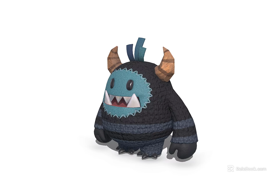 Cute Cartoon Monster Game Movie Character With Blue Face Black Body Brown Horns Plush Design 3d model 