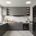 Modern Kitchen Featuring Gray Cabinets Marble Countertop Black Appliances And Window Blinds
