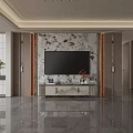 Modern TV Wall Interior Design With Marble Texture Decorative Cabinet And Potted Plant
