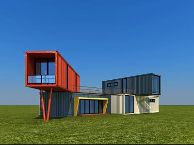 Modern Colorful Container Building Design With Large Windows Balcony And Green Lawn 3d model