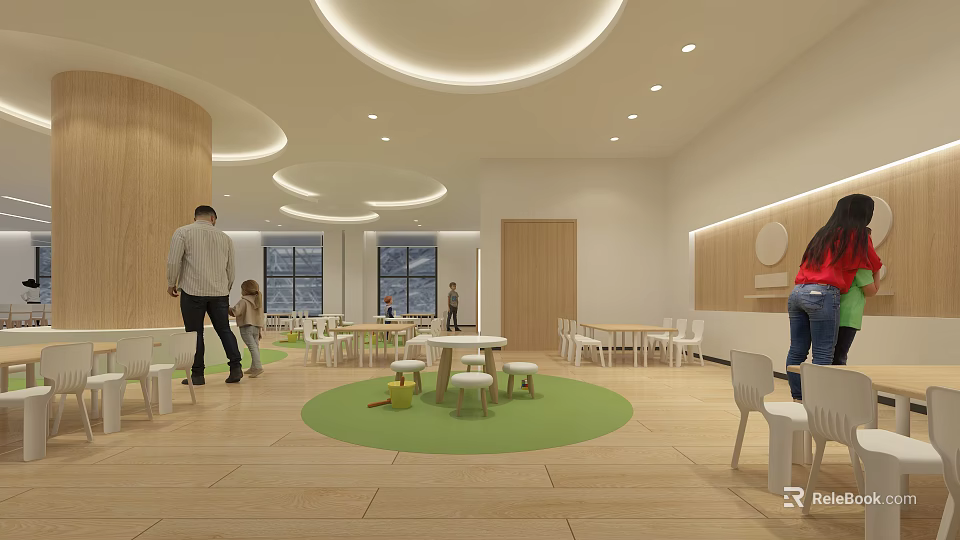 Kindergarten Interior With Wooden Elements Green Carpet White Furniture And Natural Light 3d model 