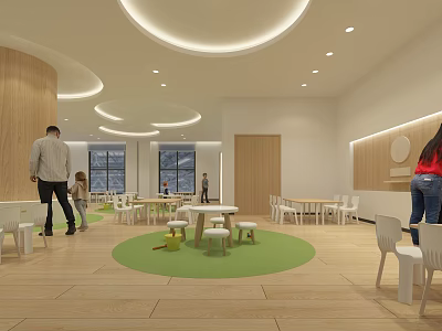 Kindergarten Interior With Wooden Elements Green Carpet White Furniture And Natural Light 3d model