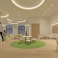 Kindergarten Interior With Wooden Elements Green Carpet White Furniture And Natural Light