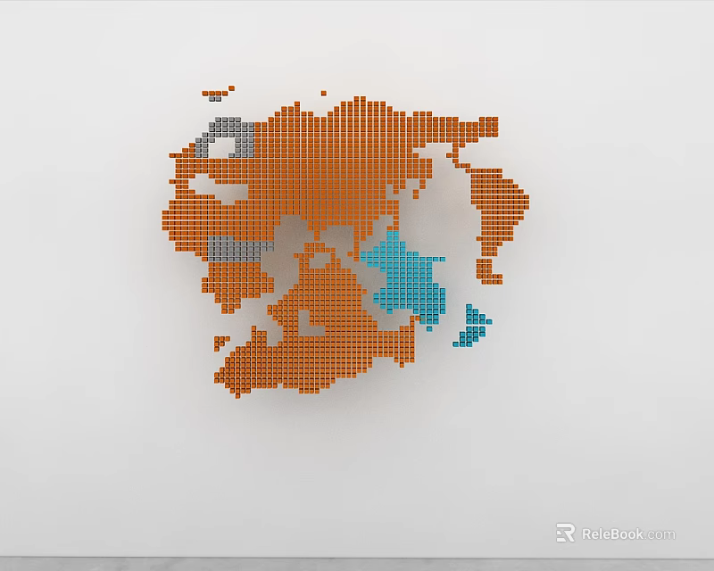 Abstract Wall Decor With Orange Gray Blue Small Squares And Irregular Shape On White Background 3d model